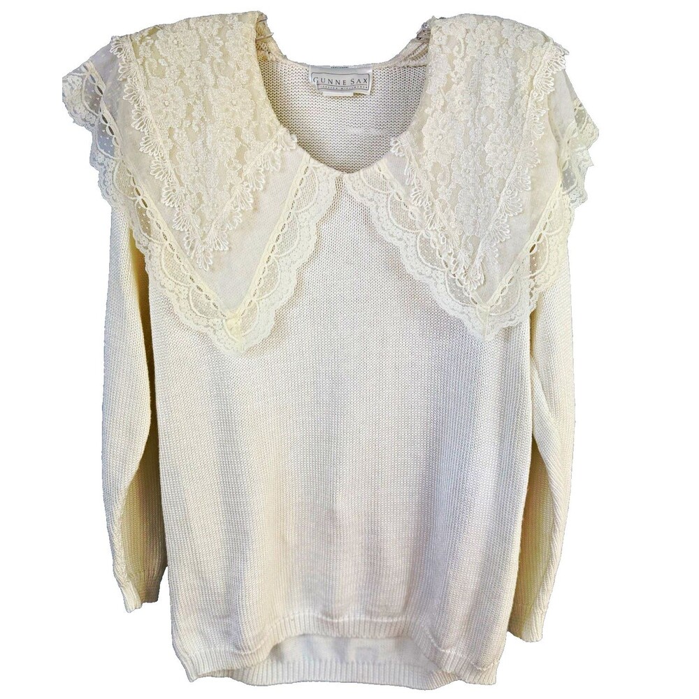 Gunne Sax Ivory Lace Pullover Sweater M Cottagecore Grandma Coastal Vintage